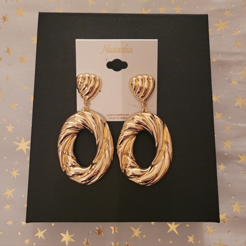 Natasha Earrings: Gold-Tone. Statement. Look Great with Natasha Choker Necklace!